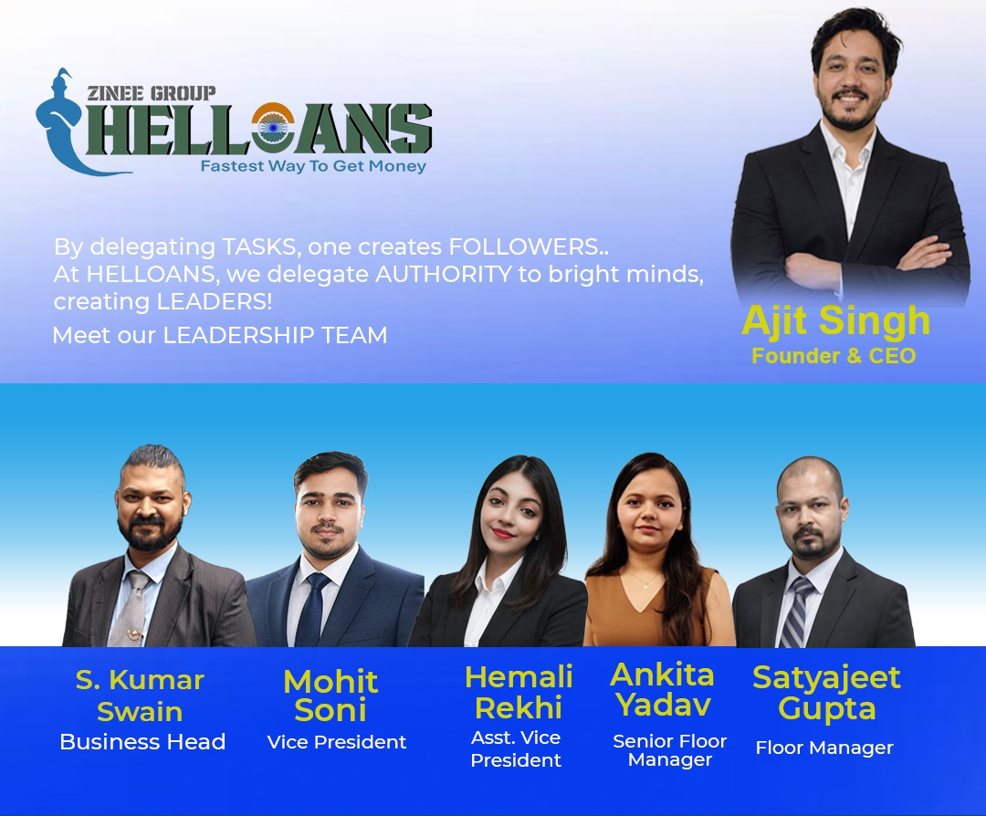 Helloans Leadership Team — Ajit Singh (Founder & CEO), S. Kumar Swain (Business Head), Mohit Soni (Vice President), Hemali Rekhi (Asst. Vice President), Ankita Yadav (Senior Floor Manager), Satyajeet Gupta (Floor Manager)
